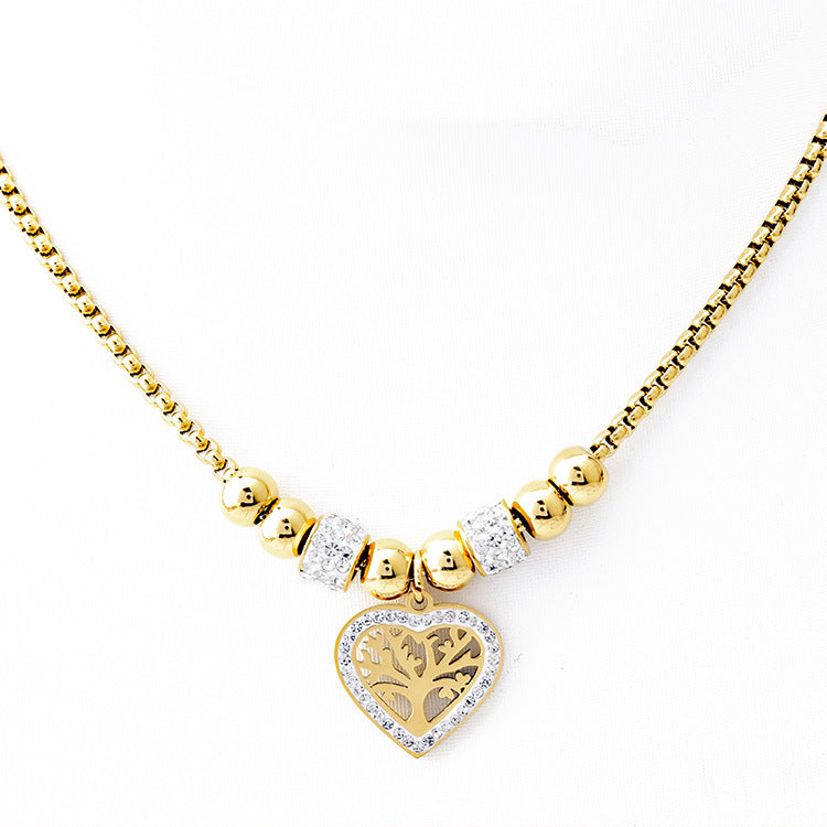 Wholesale Full Diamond Heart Pendant Tree of Life Titanium Steel Necklaces